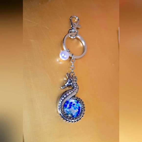 Vintage Accessories - Silver Tone Vtg Seahorse Keychain/ Bag Charm  with Blue Crystal Accents